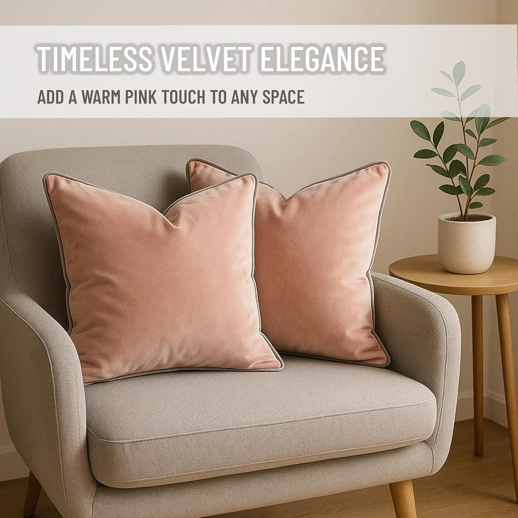 2 Pack Velvet Decorative Throw Pillow Covers, 18"x18", Pink and Grey, Solid, Modern, Contrast Piping, Indoor Use, Bedroom & Living Room