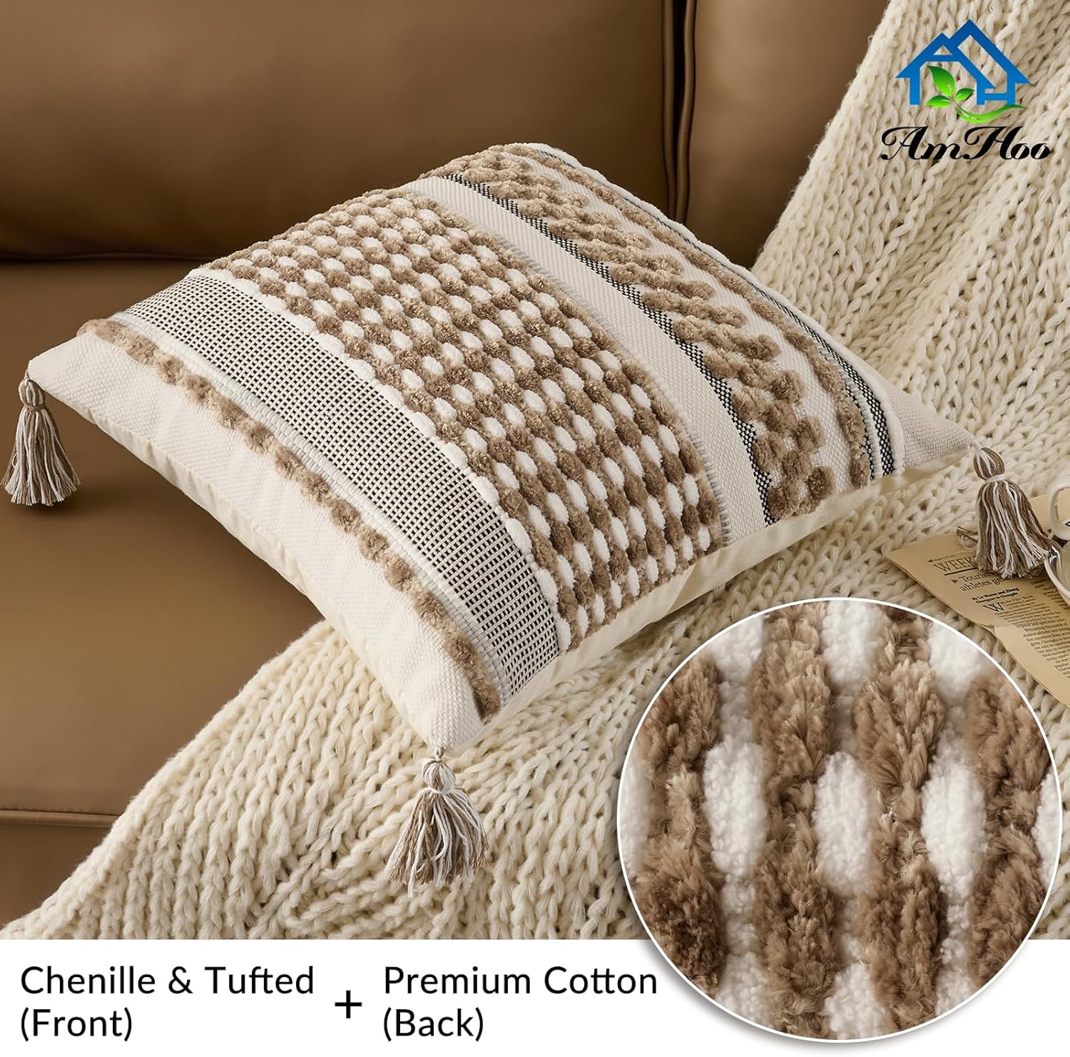 AmHoo Chenille Striped Textured Boho Throw Pillow Covers Aesthetic with Tassels Woven Decorative Pillow Case for Couch Bed Sofa Bedroom Modern Funky 18 x 18-Inch Taos Taupe