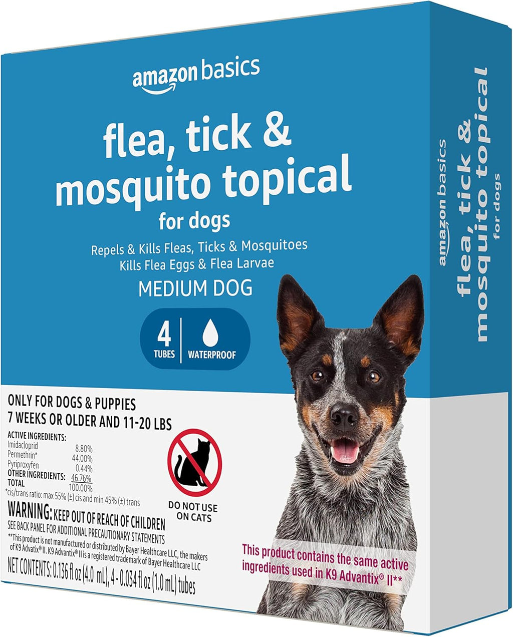 Amazon Basics Flea, Tick & Mosquito Topical Treatment for Medium Dogs (11-20 Pounds), 4 Count