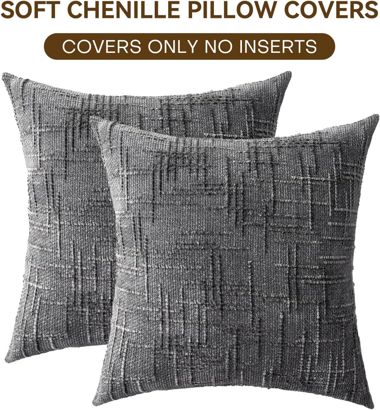 Decorative Throw Pillow Covers 20x20 Inch Set of 2, Soft Solid Farmhouse Chenille Couch Pillows, Spring Pillow Covers for Couch Sofa Bed Living Room Home Decor Pillowcase, Dark Gray