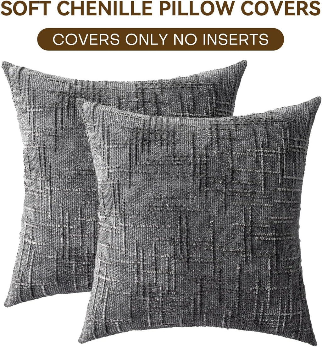 Decorative Throw Pillow Covers 22x22 Inch Set of 2, Soft Solid Farmhouse Chenille Couch Pillows, Spring Pillow Covers for Couch Sofa Bed Living Room Home Decor Pillowcase, Dark Gray