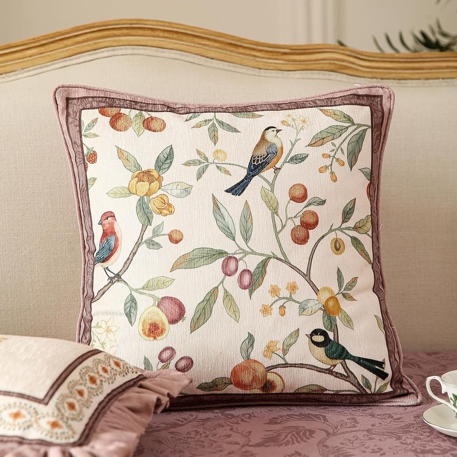 Square Pink Farmhouse Throw Pillow Covers, Birds and Flowers Pattern Cozy Velvet Pillowcases,Decoration Pillows Cushion Covers for Couch Sofa Bed Car Chair,18"x18"