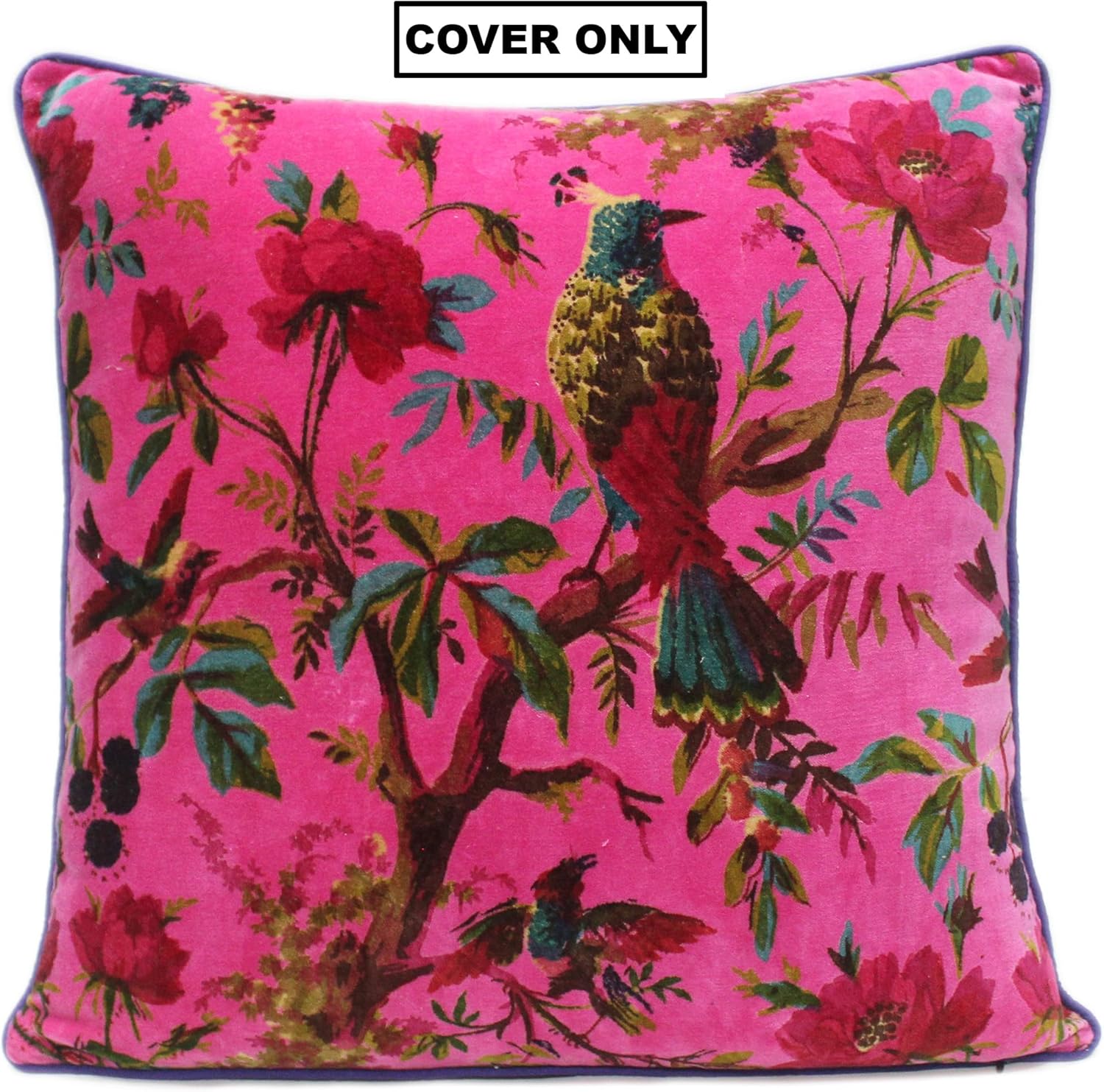 Eyes of India Velvet Floral Flower Bird Throw Pillow Sofa Cushion Cover Case Couch Colorful Boho Chic Bohemian Accent Indian Handmade (Pink, 20" x 20")