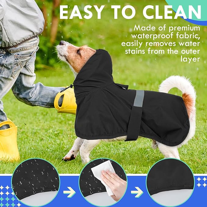 MIGOHI Reflective Dog Raincoat for Small Dogs, Black, S - Waterproof Adjustable Hooded Dog Poncho, Rain Jacket with Leash Hole, Easy Clean, Rainy Outdoor Walking