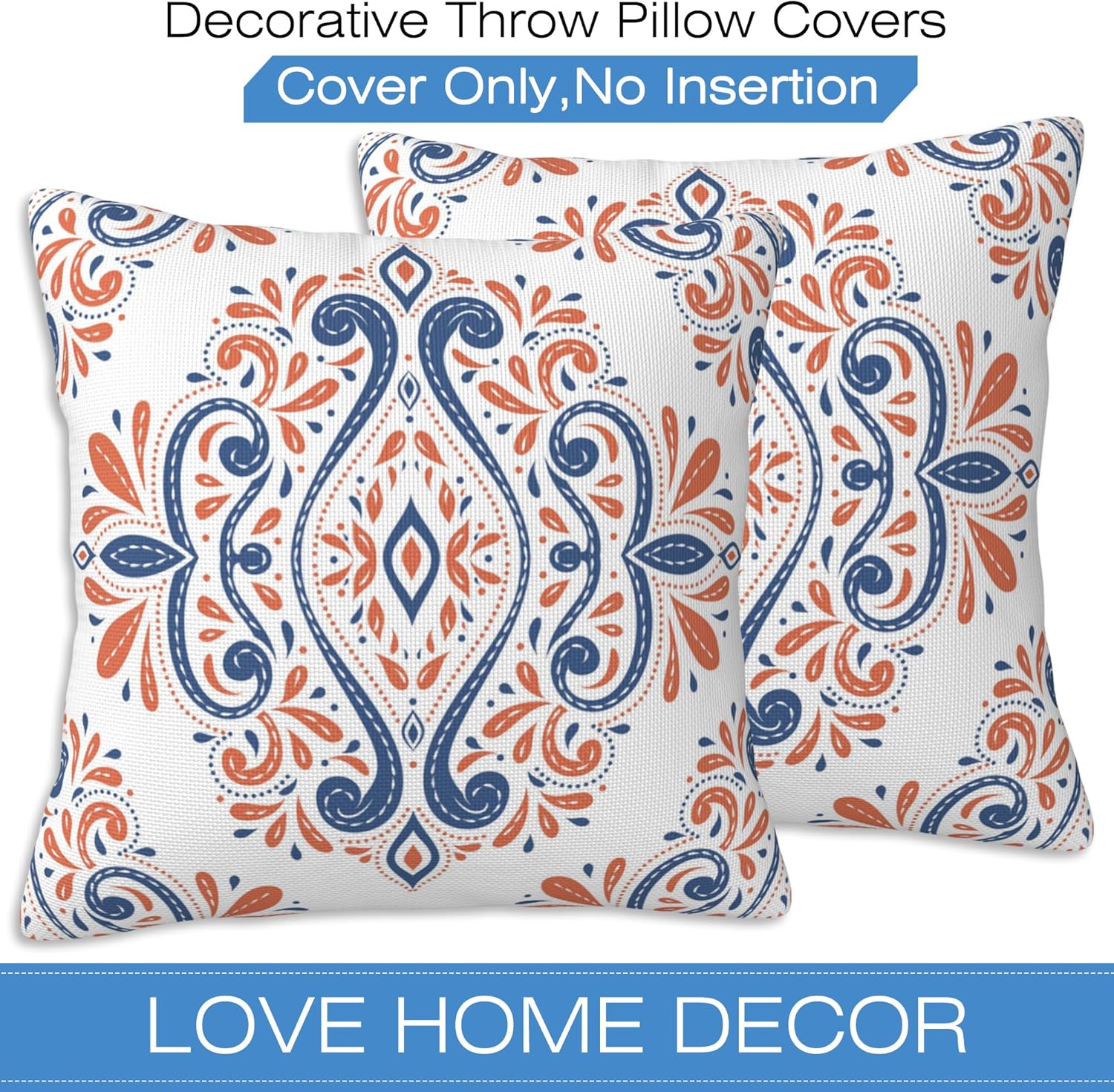 Throw Pillow Covers Blue and Orange Floral Pillow Covers 16x16 Inch Set of 2 Vintage Paisley Throw Pillows Decorative Pillow Cases Cushion Covers for Bedroom Livingroom Sofa Farm House