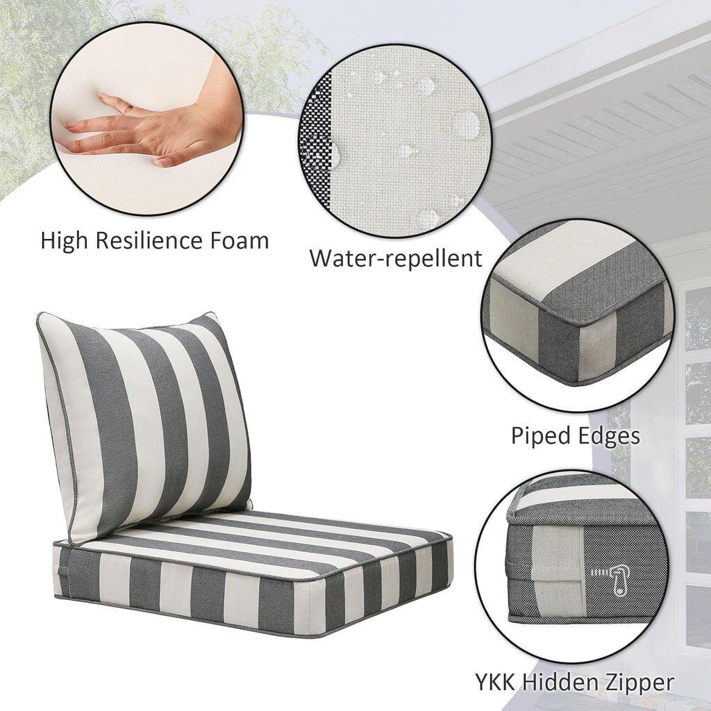 Outdoor Patio Chair Cushions Set, 22" x 22", Set of 2, Water-Repellent, Fade Resistant, Deep Seat Bottom and Back Cushion for Backyard, Couch, Sofa and Patio Furniture, Gray Stripe