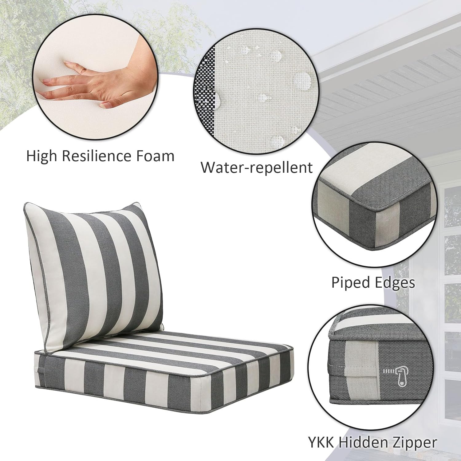 Outdoor Patio Chair Cushions Set, 22" x 22", Set of 2, Water-Repellent, Fade Resistant, Deep Seat Bottom and Back Cushion for Backyard, Couch, Sofa and Patio Furniture, Gray Stripe