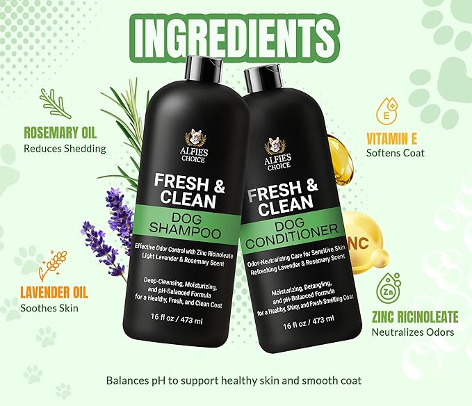 ALFIE'S CHOICE Fresh & Clean Dog Shampoo and Conditioner Set | 16 fl oz Each | Lavender & Rosemary | Deep Cleansing for Smelly Dogs | Deodorizing & Odor Control