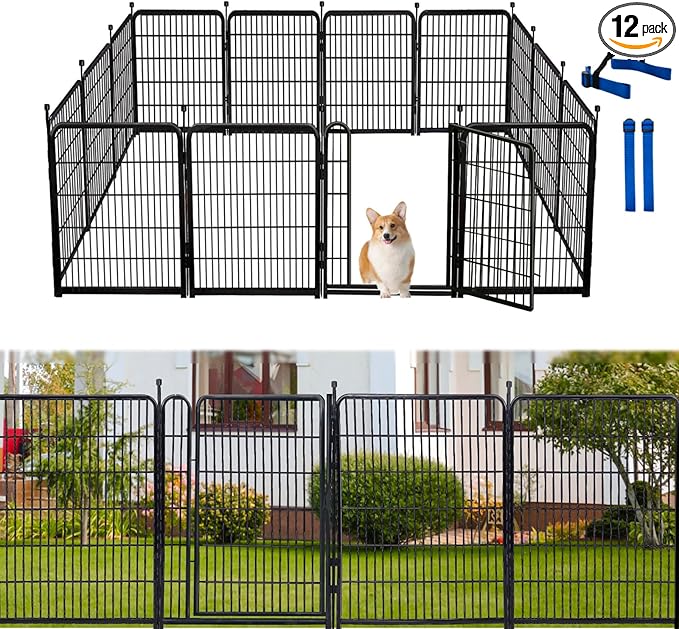 32 in(H) Dog Fence Outdoor For Yard, 21 in Wide Low Threshold Gate, 12 Panels Total 26.6 Ft(L) Fencing For Garden Beds, Animal Barrier Fence, Dog Pen Indoor or Outdoor,Landscape Fence Border