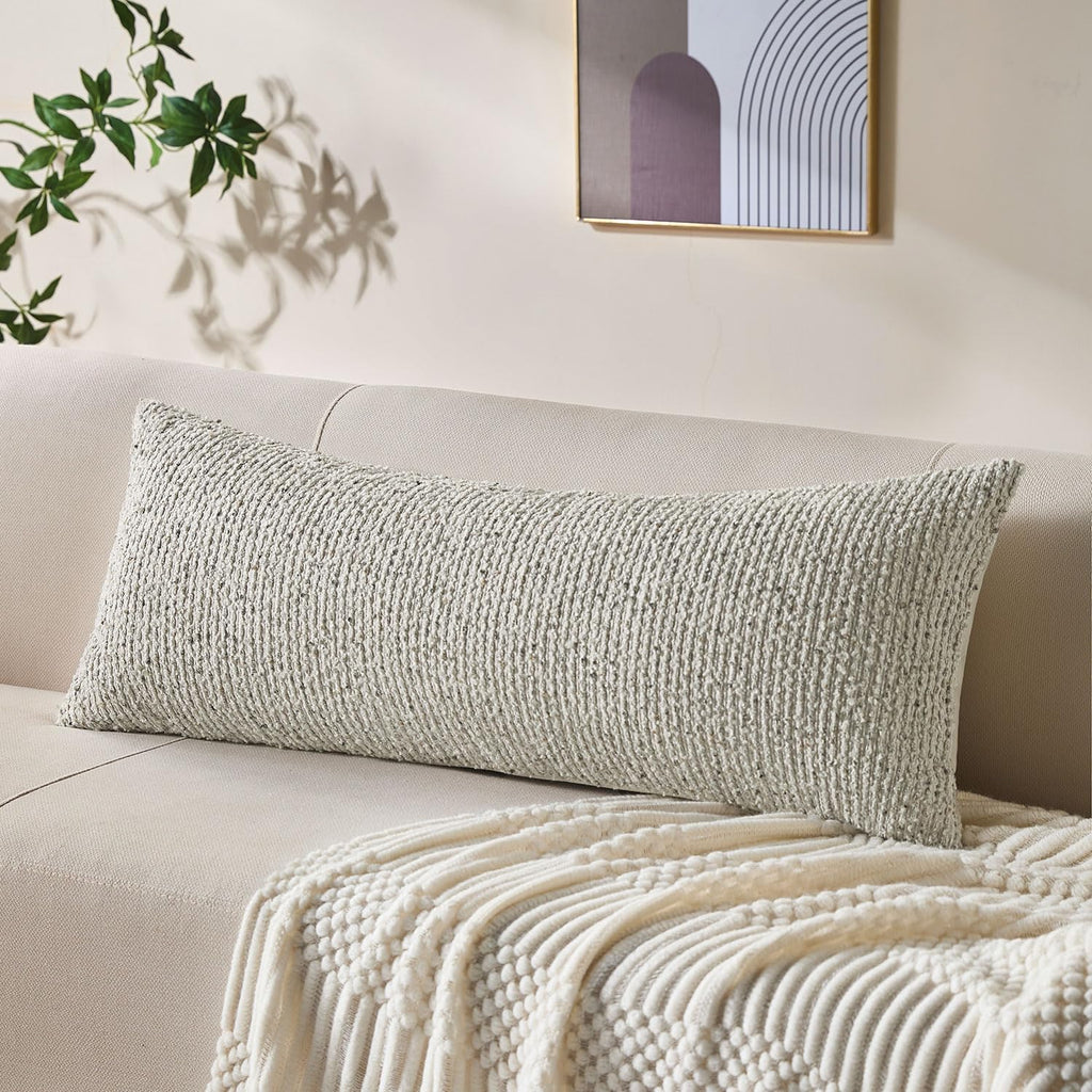 Decorative Lumbar Pillow Cover 14x36 Cream Gray Striped Wool Long Body Pillow Neutral Textured Boho Lumbar Throw Pillow Cushion Covers for Modern Farmhouse Sofa Bed Living Room Decor SY011-B14