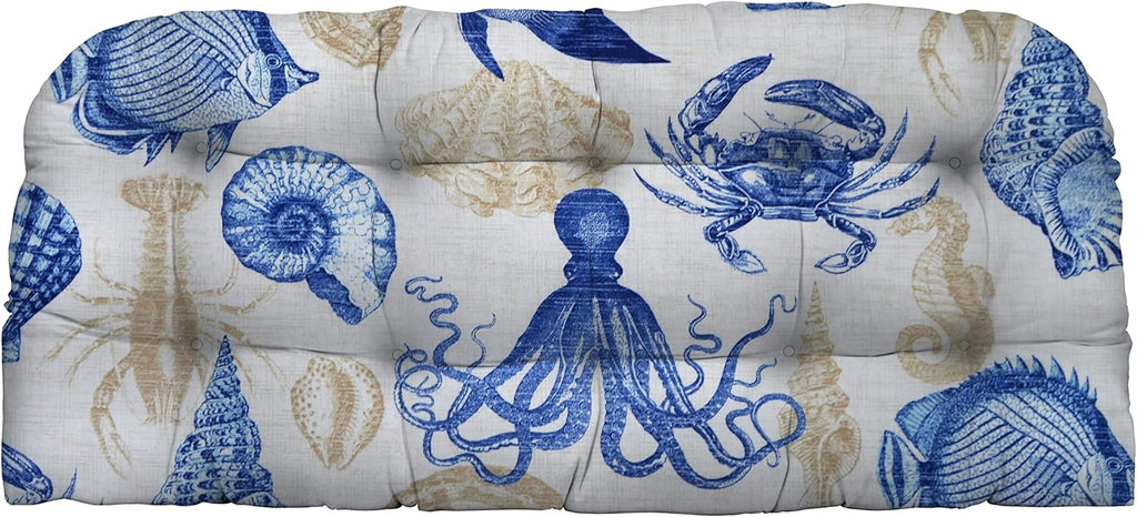 RSH DECOR: Tufted Wicker Loveseat Cushion | 41” x 19" | All-Weather Spun Fabric | Water and Fade-Resistant | Outdoor Settee Cushion for Patio Furniture | Blue Tan Crab