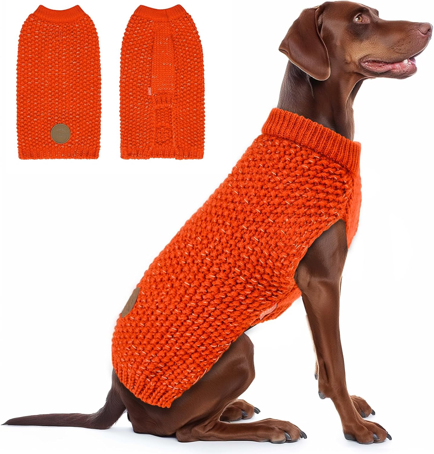 KYEESE Dog Sweater for Large Dogs with Leash Hole Warm Pullover with Reflective Yarn Male Thick Stretchy Knitwear Winter Soft Pet Coat boy for Cold Weather Comfy Dog Sweaters,Orange,XXX-Large