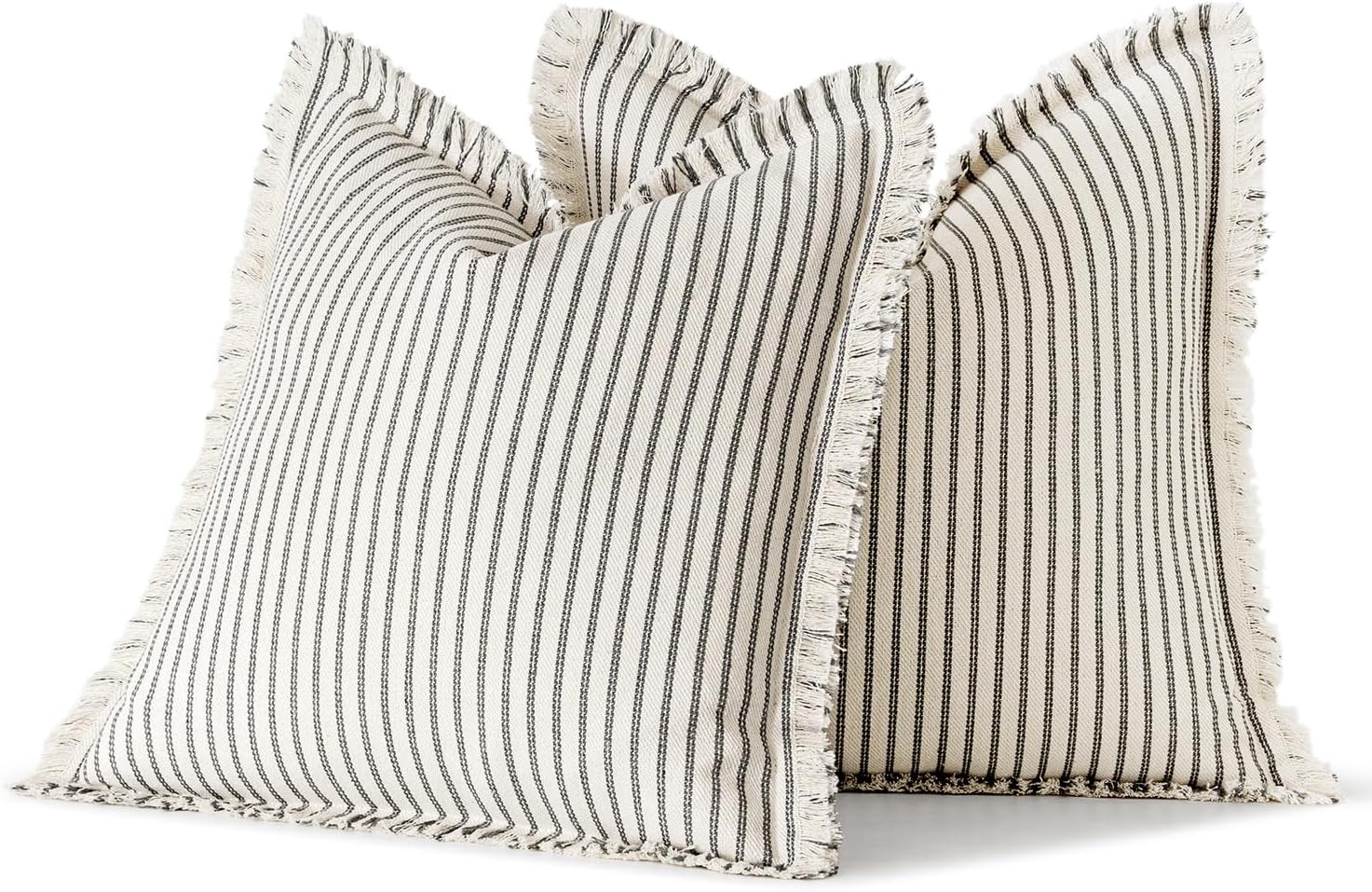 MIULEE Pack of 2 Gray Pillow Covers 20x20 Inch Striped Farmhouse Couch Throw Pillow Covers with Fringe Chic Linen Decorative Cushion Covers for Sofa Living Room Bed Outdoor Home Decor