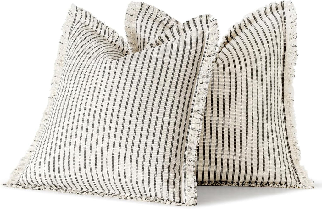 MIULEE Pack of 2 Gray Pillow Covers 22x22 Inch Striped Farmhouse Couch Throw Pillow Covers with Fringe Chic Linen Decorative Cushion Covers for Sofa Living Room Bed Outdoor Home Decor