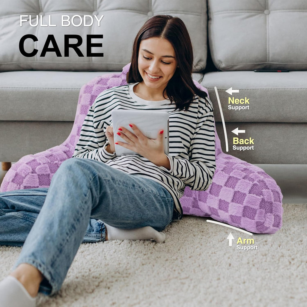 Aimuan Reading Pillow Checkered Bed Rest Wedge Backrest Checkerboard Pillow with Arms Back Support for Sitting Up in Bed Cushion Incline Rest Sleeping Snoring Pillow, Purple