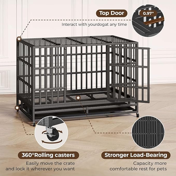 48 Inch Heavy Duty Indestructible Dog Crate Steel Escape Proof, Indoor Double Door High Anxiety Cage, Kennel with Wheels, Removable Tray, Extra Large XL XXL