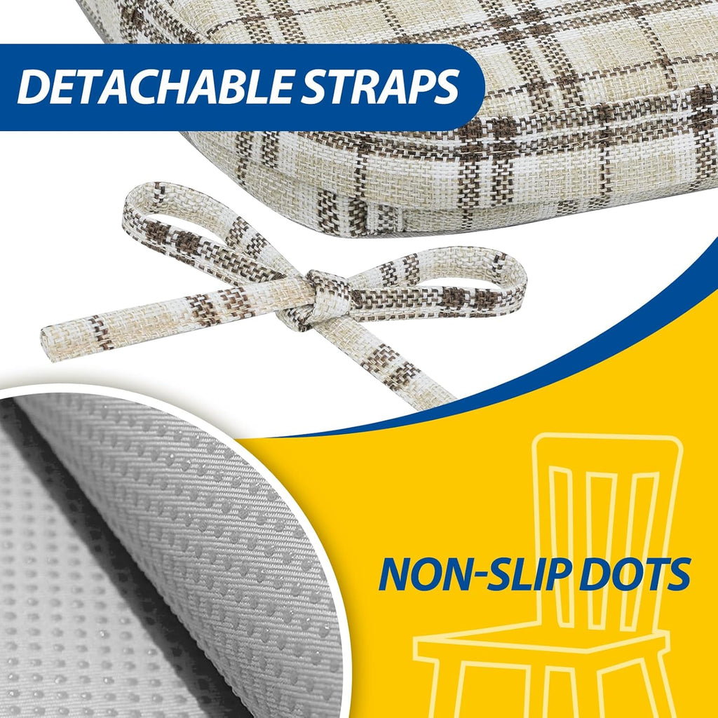 AAAAAcessories D-Shaped Chair Cushions, 2" Thick Dining Chair Pads with Ties and Removable, Machine-Washable Cover, 17" x 16", Set of 4, Yellow Checkered