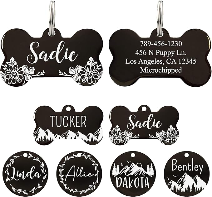 UltraJoys Stainless Steel Pet ID Tag Dog Name Tags Personalized Front and Back Engraving,Customized Dog Tags and Cat Tags,Optional Engraved on Both Sides,Bone Tag with Floral Design,Small,Black