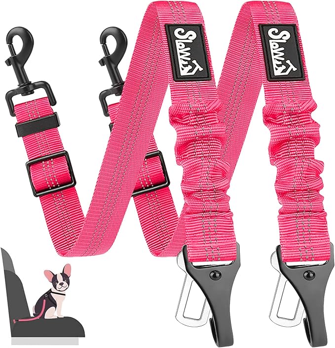 SlowTon 2 Pack Dog Seat Belt, 2 in 1 Attachment, Hook Latch Bar or Seatbelt Buckle with Elastic Nylon Bungee Buffer Adjustable Reflective Nylon Safety Belt Tether Connect to Dog Harness (2pack-FL)