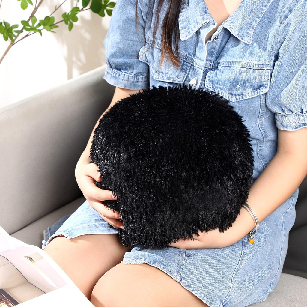 2 Pack Plush Round Ball Throw Pillow 10 Inch Nordic Soft Boucle Pillows Spherical Fuzzy Pillows Circle for Couch Sofa Bed Bedroom Living Room Office School Chair Decorations(Black)