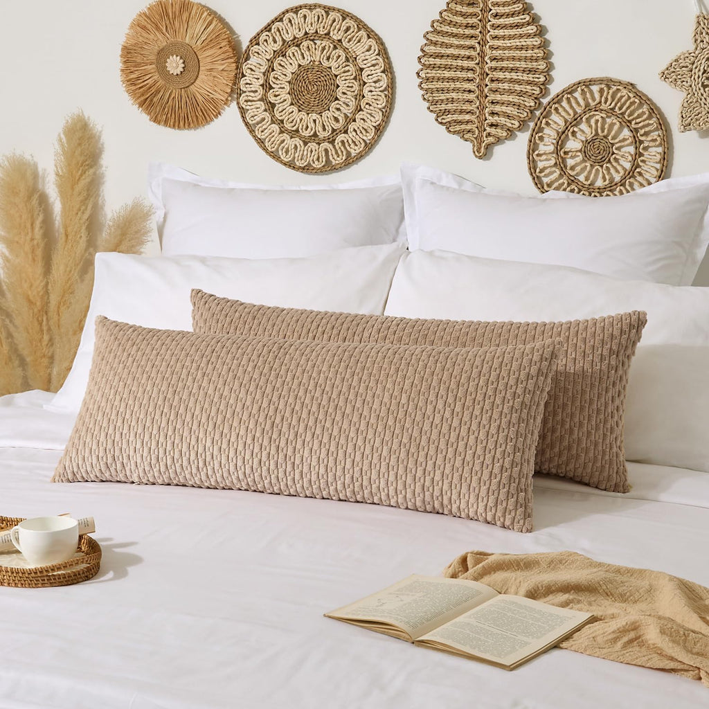Kevin Textile 20x54 Inch Long Body Lumbar 1 Pack Boho Decorative Throw Pillow Cover Soft Striped Corduroy Rectangle Cushion Case Farmhouse Accent for Living Room Couch Sofa Bed, Tan