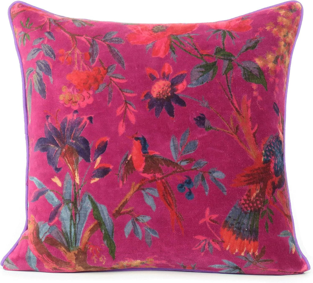 Eyes of India 16x16 Burgundy Red Velvet Floral Flower Bird Throw Pillow Sofa Cushion Cover Case Couch Colorful Boho Chic Bohemian Accent Indian Handmade