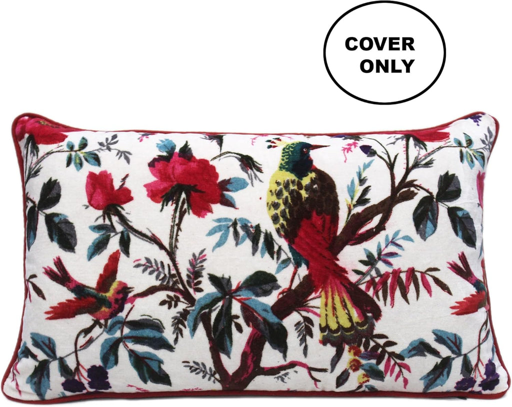Eyes of India Velvet Floral Flower Bird Throw Pillow Sofa Cushion Cover Case Couch Colorful Boho Chic Bohemian Accent Indian Handmade (White, 20" x 12")