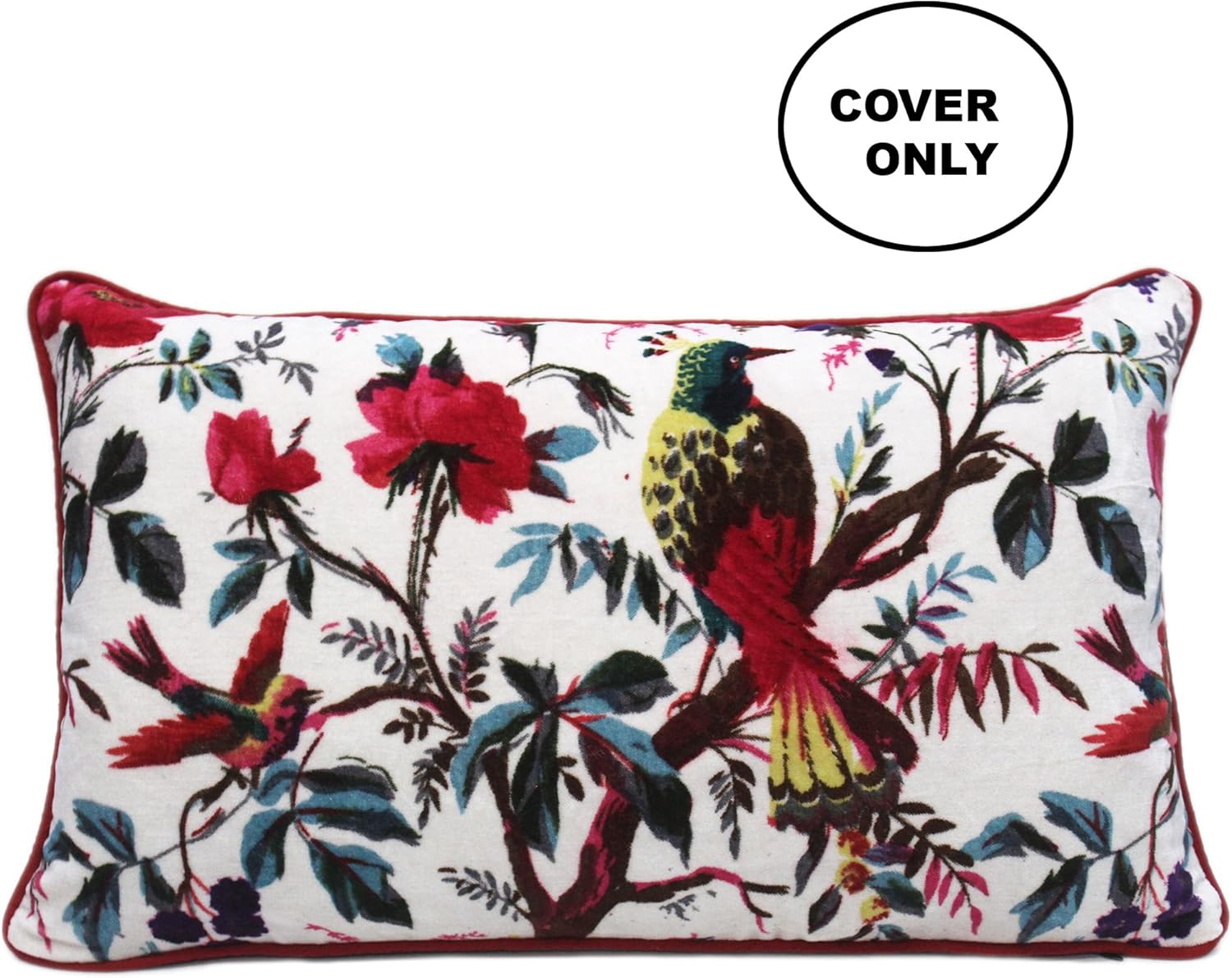 Eyes of India Velvet Floral Flower Bird Throw Pillow Sofa Cushion Cover Case Couch Colorful Boho Chic Bohemian Accent Indian Handmade (White, 20" x 12")