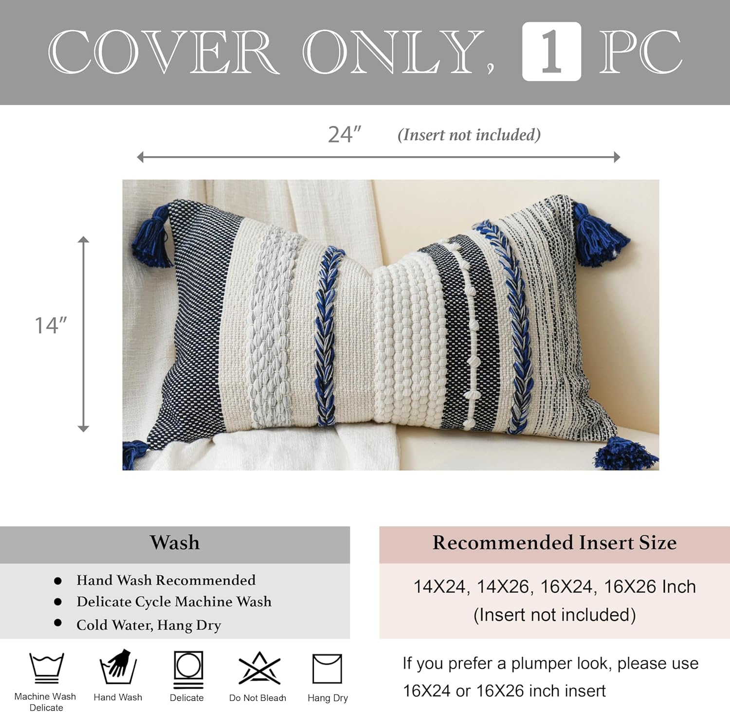 BlissBlush Decorative Lumbar Throw Pillow Cover 14x24 Boho Dark Blue Accent Cushion for Couch Sofa Farmhouse Pillowcase for Bedroom Living Room Home Décor Cover ONLY