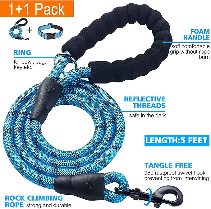 Reflective Dog Collar Padded with Soft Neoprene Breathable Adjustable Nylon Dog Collars for Small Medium Large Dogs (X-Small (Pack of 1), Vivid Blue Collar+Leash)