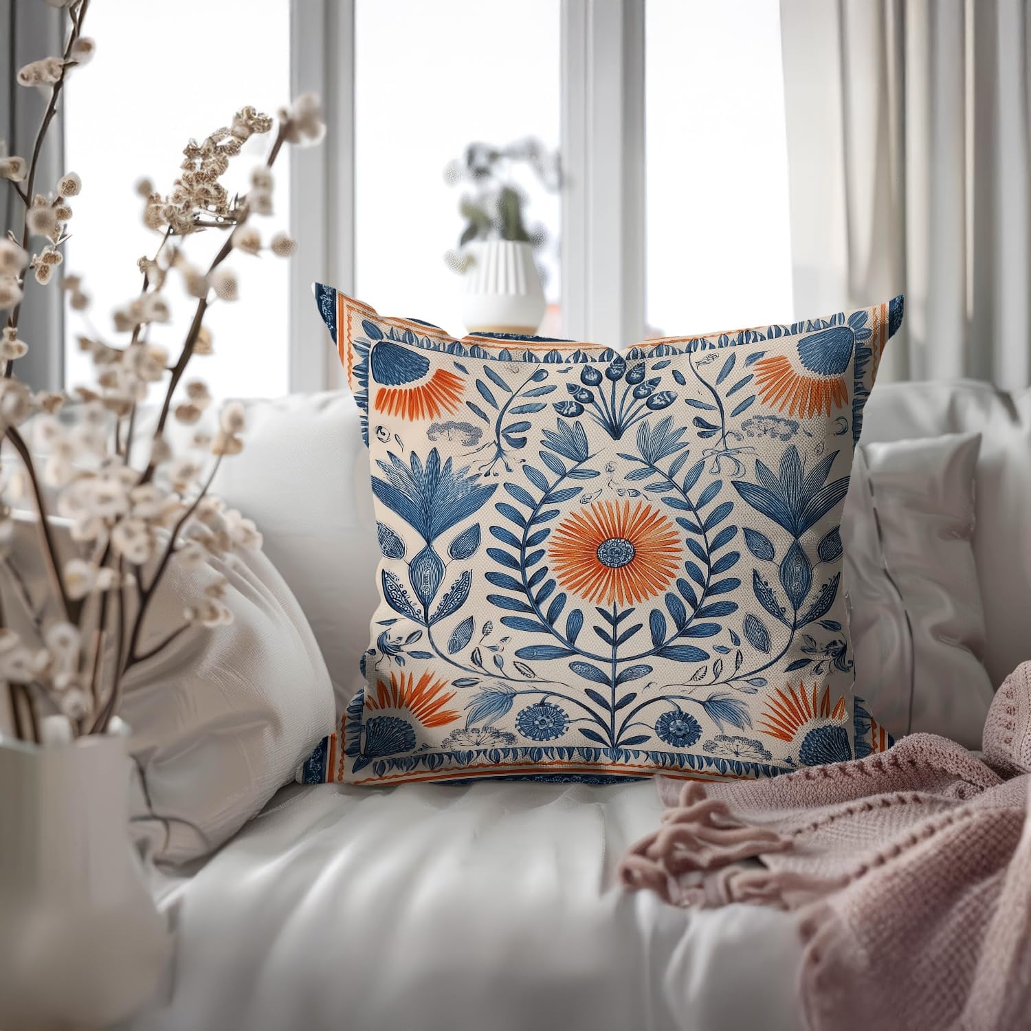 Vintage Boho Floral Print Throw Pillow Cover, Orange, Blue - Retro Rust Floral Decor Pillowcase, Indoor Outdoor Cushion Case for Sofa Couch Bed Living Room Bedroom Home (Blue&Orange, 18x18inch)