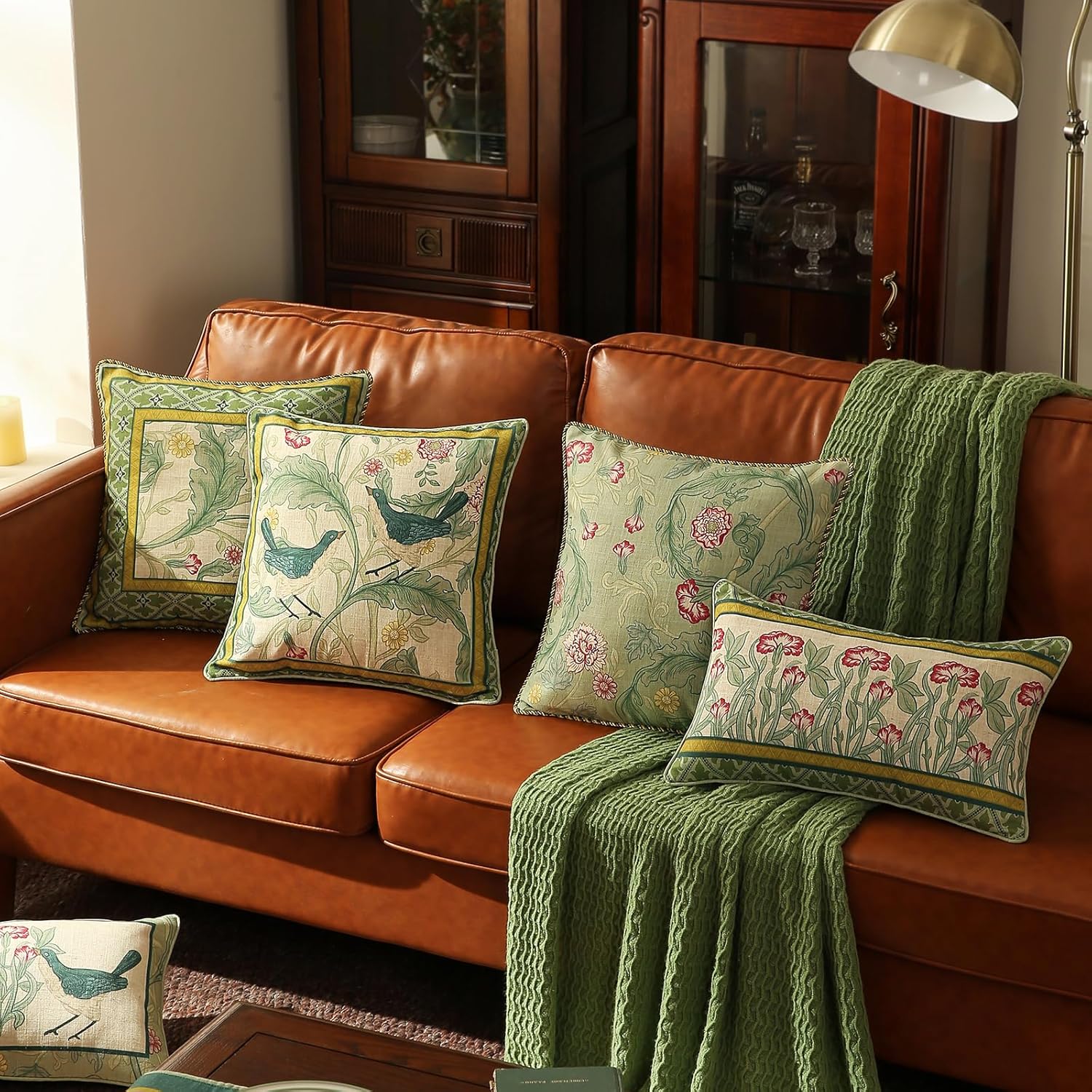 patdrea Designer Pack of 2 Rectangle Throw Pillow Covers,French Vintage Rustic Linen with Green Floral Pattern Pillows Cover,Decorative Lumbar Pillowcases Cushion for Bed Living Room,12"x20"