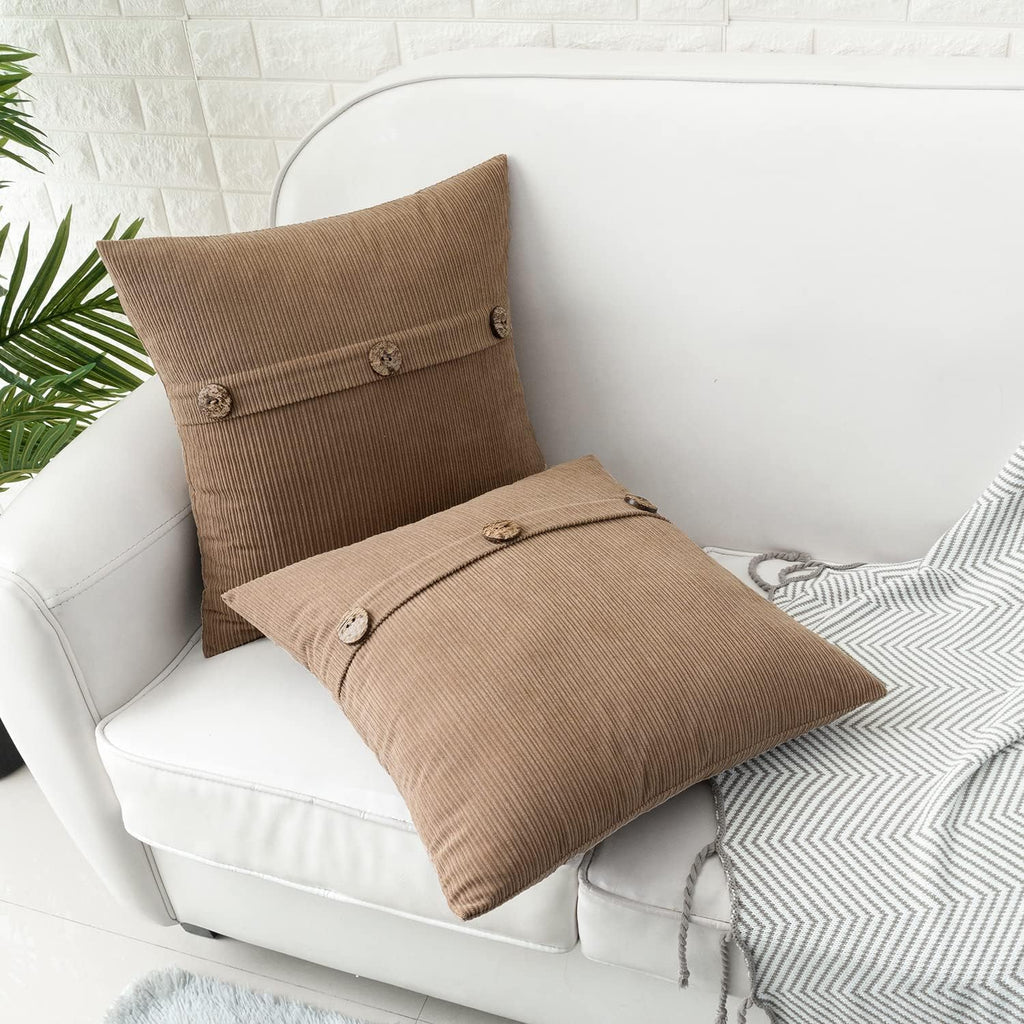 HWY 50 Taupe Chenille Throw Pillow Covers 18x18 Inch with Triple Buttons, Soft Farmhouse Accent Decorative Cushion Cases for Couch Sofa Bed Living Room Pack of 2