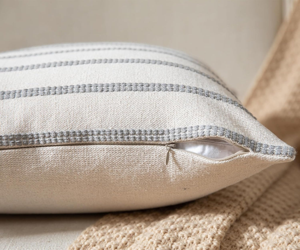 Caflife Boho Throw Pillow Covers 12x20 Set of 2 Soft Farmhouse Decorative Couch Pillow Cases Grey Striped Pillow Covers Neutral Cushion Covers for Sofa Bed Living Room Home Decor