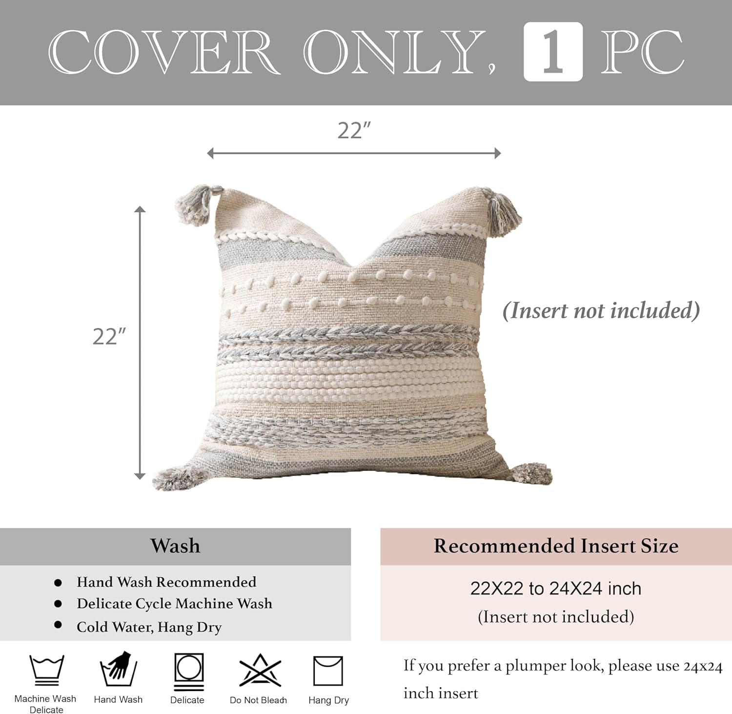 BlissBlush Gray Boho Decorative Throw Pillow Cover 22x22 Square Farmhouse Accent Cushion for Couch Sofa Livingroom Bedroom Pillowcase Modern Home Décor (Pack of 1)