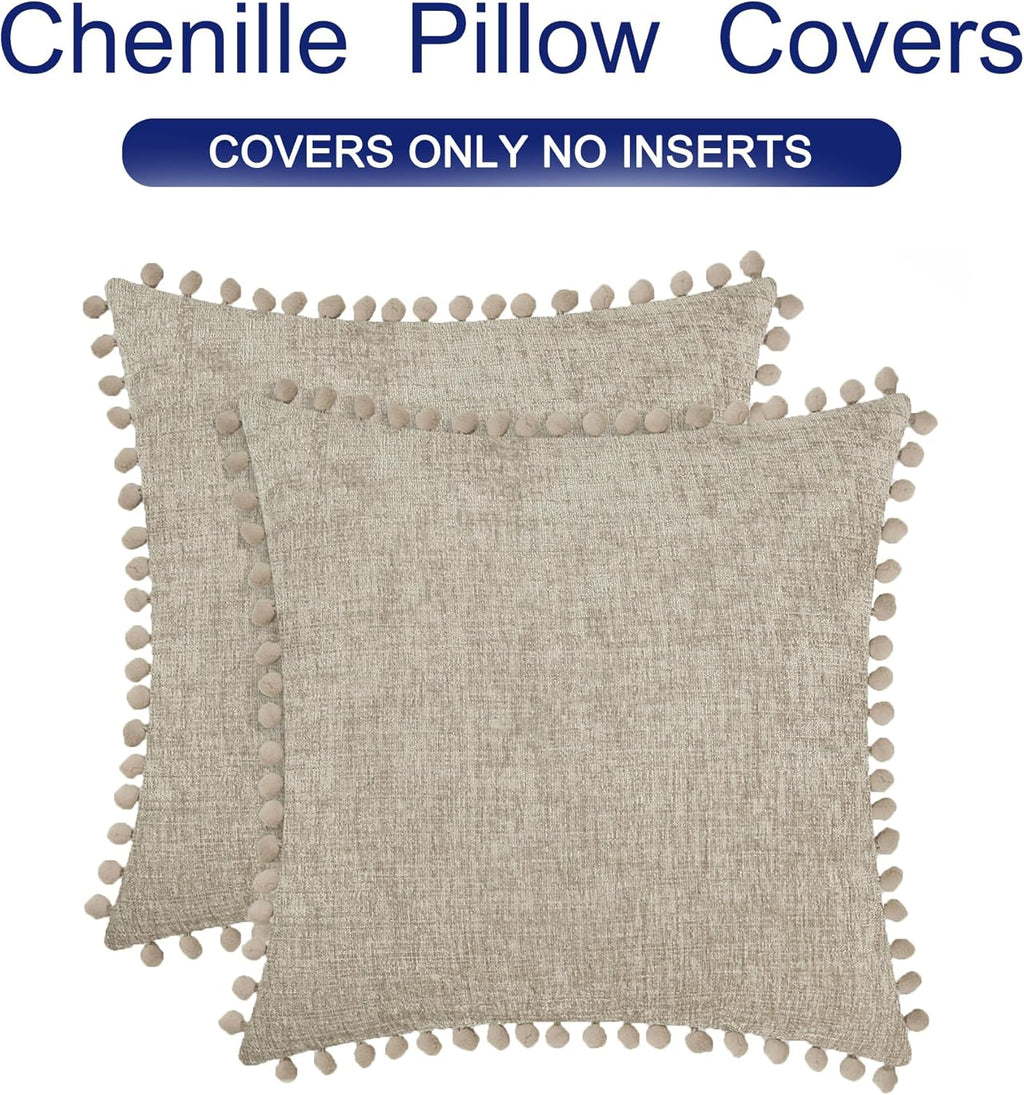 CaliTime Throw Pillow Covers Decorative 18 X 18 Inches Pack of 2 Cozy Solid Dyed Soft Chenille Cushion Cases with Pom Poms for Couch Sofa Bed Living Room Home Taupe