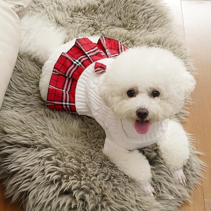 WOYYHO Girl Dog Sweater Dress with Bowtie Turtleneck Small Dogs Sweater with Leash Hole, Knitted Small Dog Sweaters Dress Puppy Winter Clothes for Yorkies Chihuahua (Large, White)