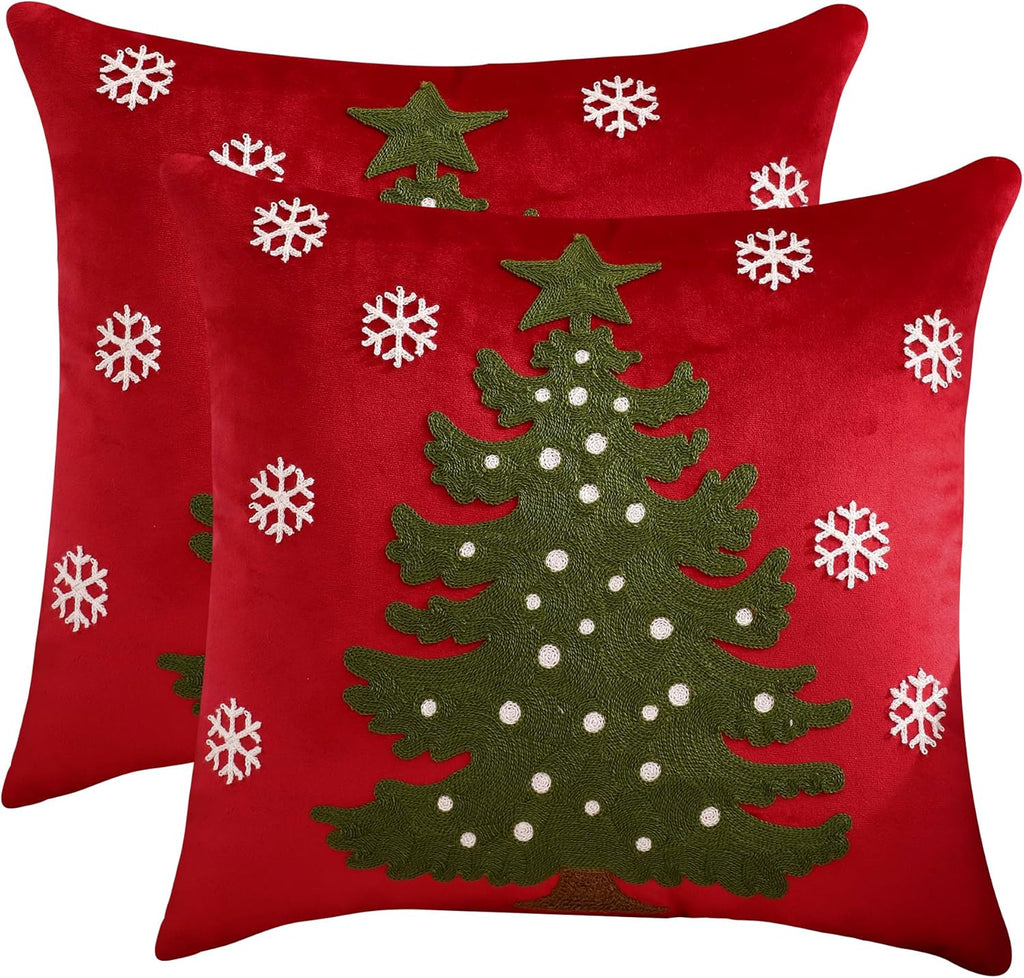 LUOYEHK Red Christmas Pillow Covers 18x18 Set of 2 Xmas Tree with Snowflakes Decorative Pillow Cases Winter Holiday Velvet Embroidered Cushion Covers for Couch Sofa Bed