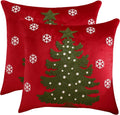 LUOYEHK Red Christmas Pillow Covers 18x18 Set of 2 Xmas Tree with Snowflakes Decorative Pillow Cases Winter Holiday Velvet Embroidered Cushion Covers for Couch Sofa Bed