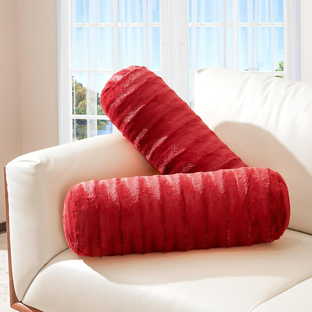 Cheer Collection Faux Fur Bolster Pillows – Soft Decorative Cylinder Pillows for Bed or Couch, Machine Washable – 8” x 24”, Set of 2, Maroon