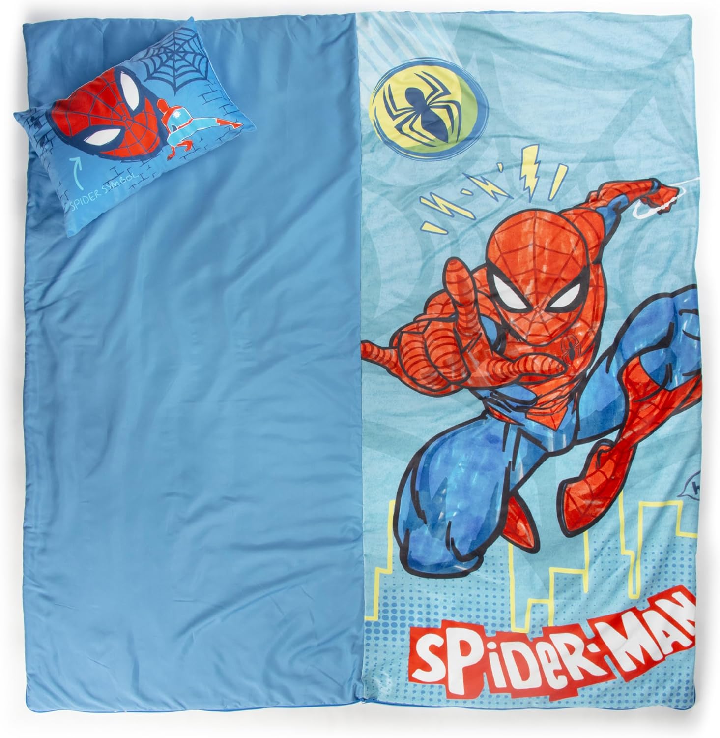 Jay Franco Kids Slumber Bag and Pillow - 54 x 27 Inch Comfy Indoor Sleeping Bag for School and Sleepovers, 2 Piece Set, Blue - Spiderman