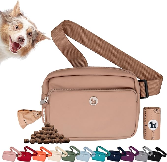 Puppington 3-in-1 Crossbody Dog Walking Bag & Treat Pouch with Matching Planet Safe Poop Bags & Built-In Dispenser - Dog Mom Gift for Puppy Training with Zippered Pockets (Latte Beige)
