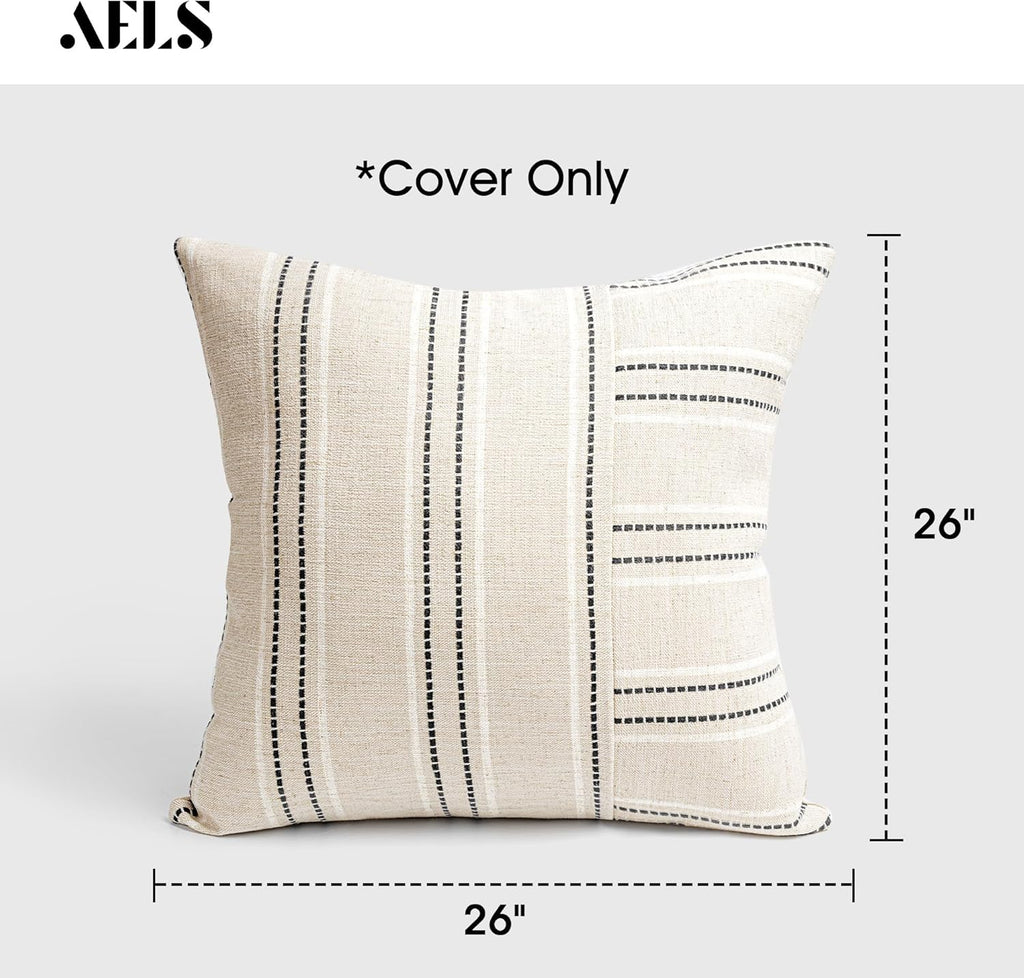 AELS 26x26 Decorative Farmhouse Linen Throw Pillow Covers, Boho Textured Pillow Case, Set of 2, Beige with White & Black Stripe Patchwork Cushion Cover for Sofa Couch Living Room (Cover ONLY)