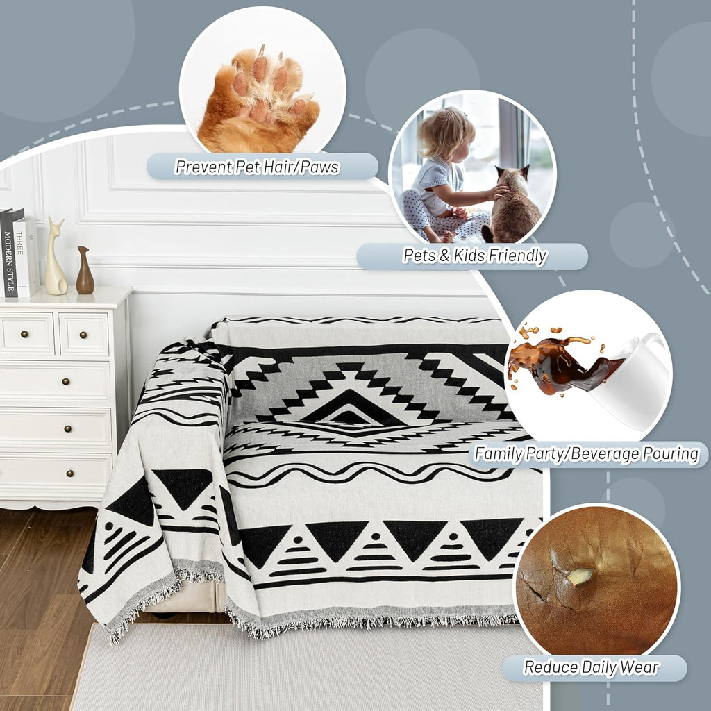 MYSKY HOME Boho Couch Cover for Dogs Washable Black Rhombic Couch Sofa Protector Cats Pets Friendly Chenille Geometric Sofa Covers Soft Durable Farmhouse Sofa Slipcovers, 71" X102"