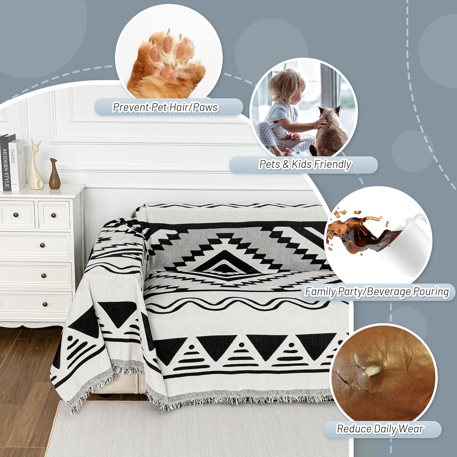 MYSKY HOME Boho Couch Cover for Dogs Washable Black Rhombic Couch Sofa Protector Cats Pets Friendly Chenille Geometric Sofa Covers Soft Durable Farmhouse Sofa Slipcovers, 71" X102"