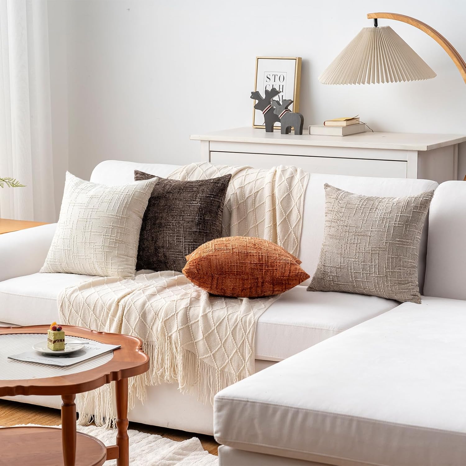 Decorative Throw Pillow Covers 20x20 Inch Set of 4, Soft Solid Farmhouse Chenille Couch Pillows, Spring Pillow Covers for Couch Sofa Bed Living Room Home Decor Pillowcase, Warm Colors