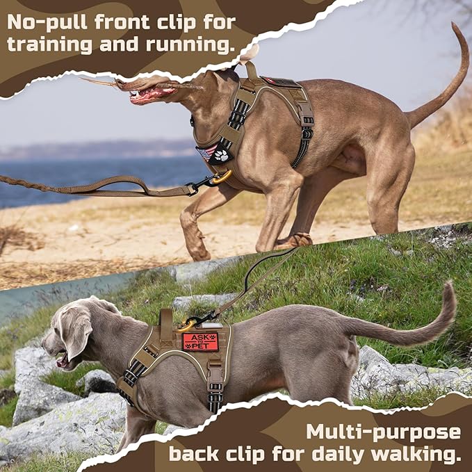 rabbitgoo Tactical Dog Harness for Large Dogs, No Pull Military Service Vest with Handle & Molle, Easy Control for Training Walking, Adjustable Reflective Straps, Brown, XL