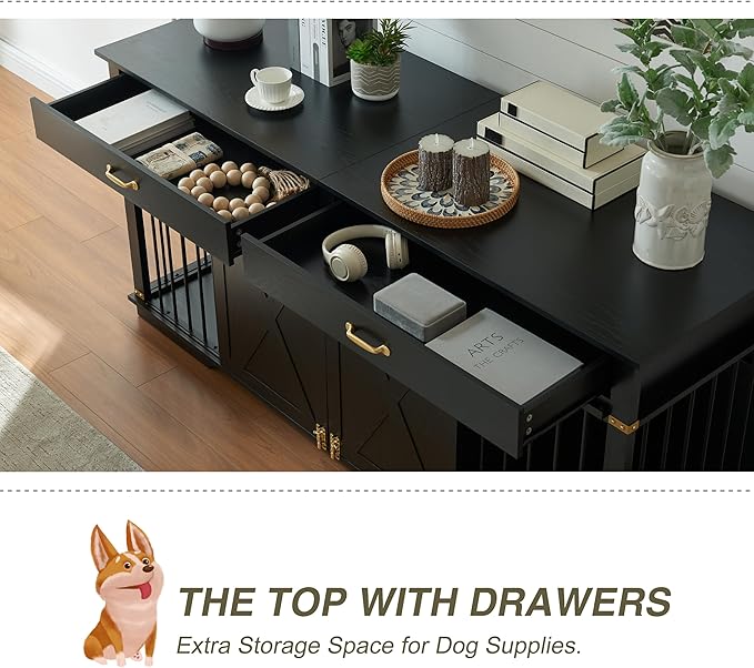 72.5" Extra Large Furniture Style Double Dog Crates for Large Breeds, XXL Wooden Dog Kennel Furniture with Drawers, Divider, Water Resistant & Barn Door for 2 Dogs, Black