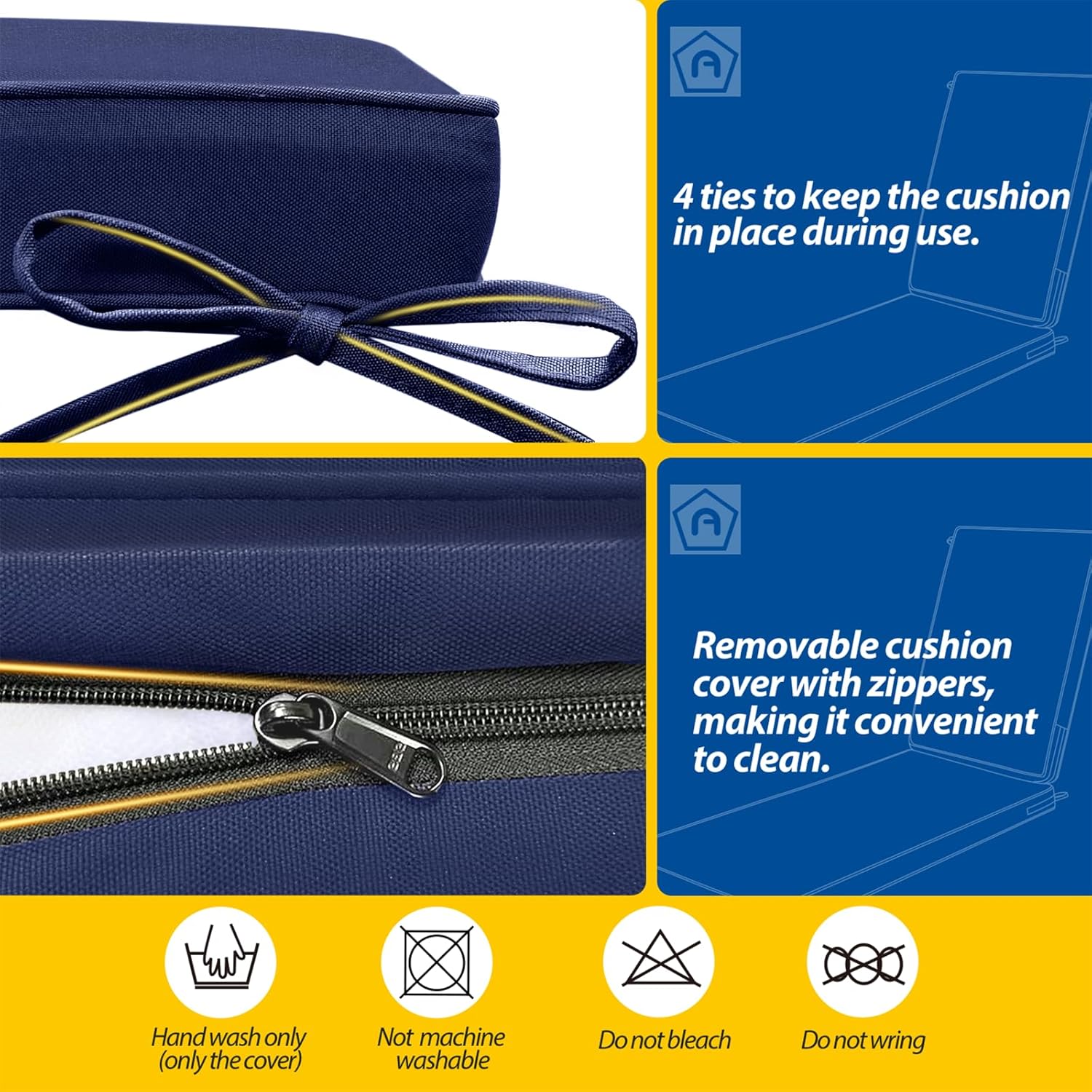 AAAAAcessories Outdoor Chaise Lounge Cushions, Waterproof, Fade-Resistant Patio Furniture Replacement Cushions, 74" x 23" x 3", Set of 2, Navy Blue