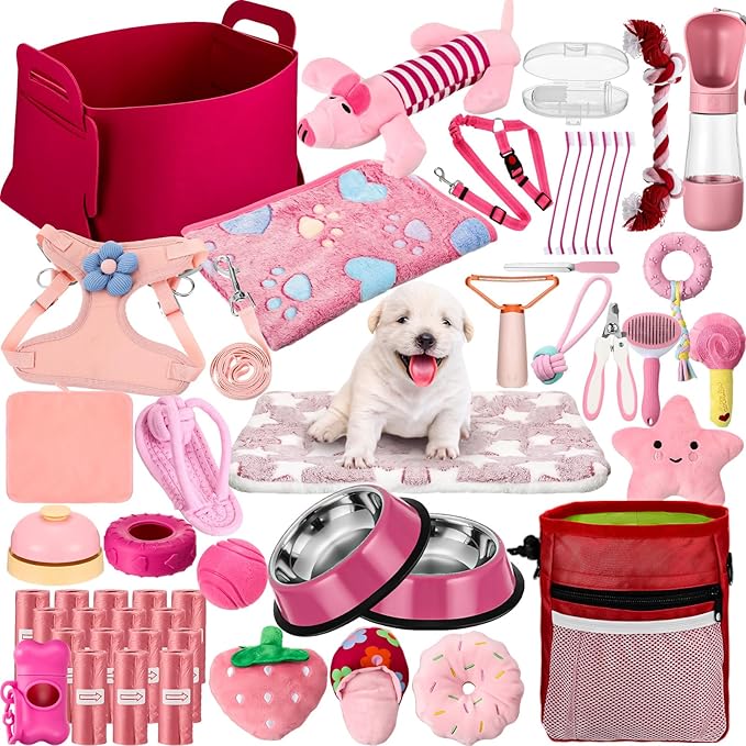 Abbylike 50 Pcs Puppy Supplies Starter Kit for Small Dogs Puppy Essentials Includes Leash, Bowls, Teeth Brushes, Water Bottle, and More Accessories for Dogs Christmas Welcome Gift(Pink)